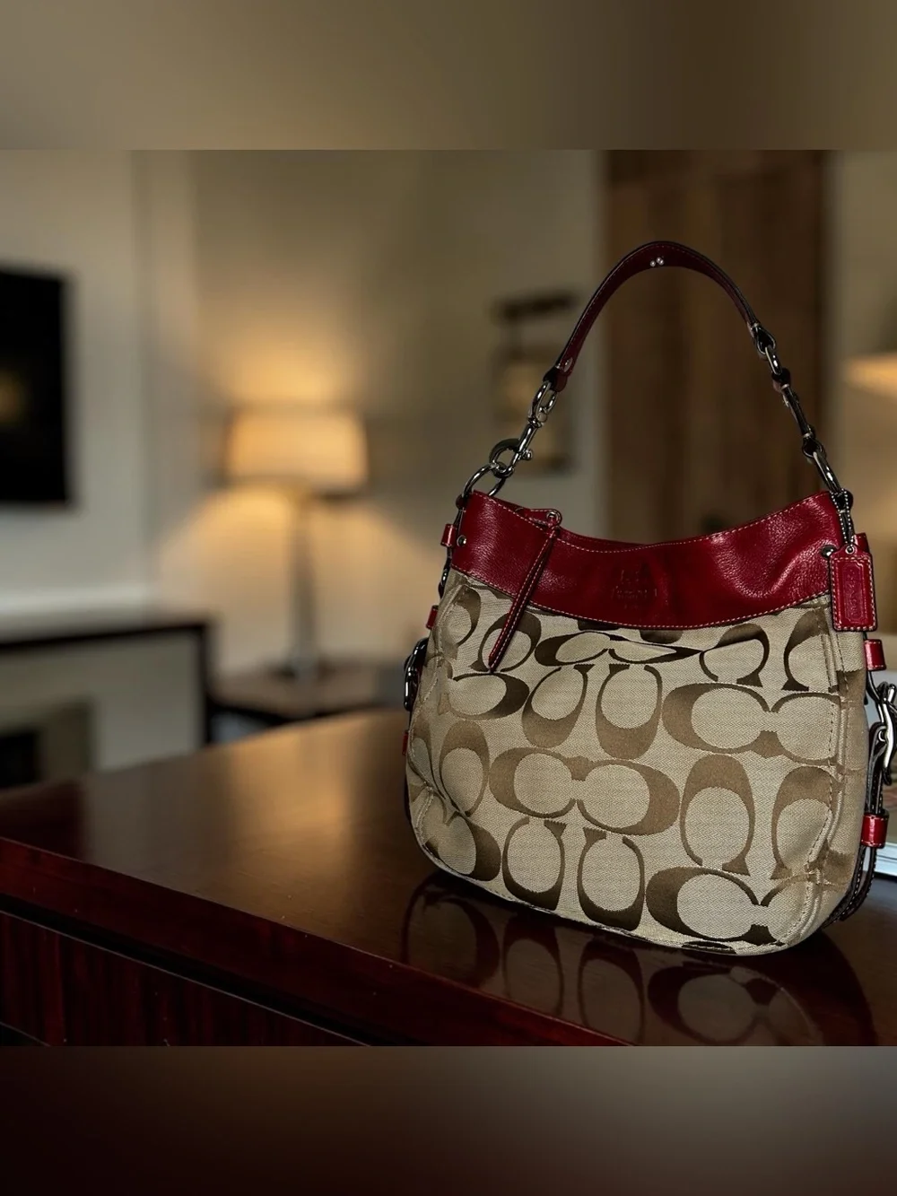 Coach Zoe Signature C Hobo Shoulder Bag  Khaki Jacquard Red Leather Trim